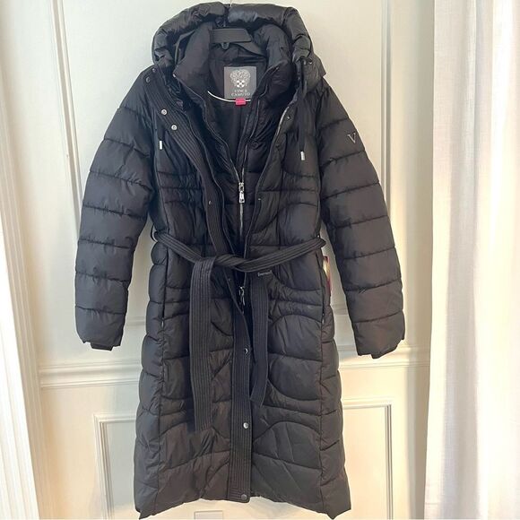 $450 Vince Camuto Onion Belted Long Puffer Coat with Hood, Black in Large, NWT - Picture 3 of 14
